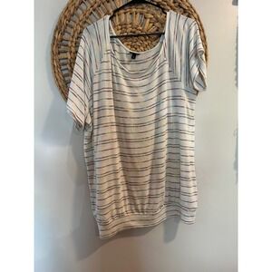 White Knit Multi Color Striped Short Sleeve Scoop Neck Top Banded Hem Womens 3X